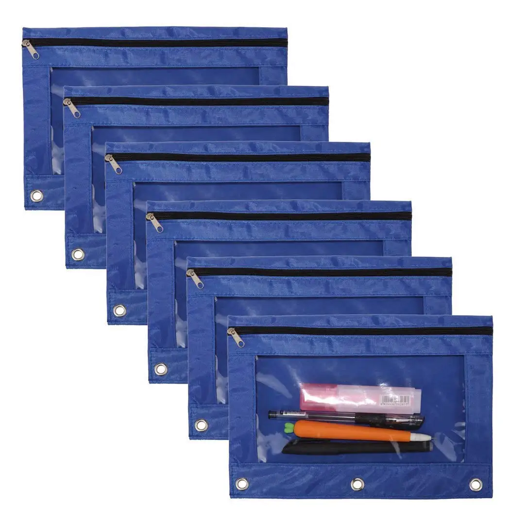 JUSTDOLIFE Pencil Pouch Pen Holder Bag Creative 3-Ring Large Capacity Oxford Zipper Pencil Organizer Bag (Blue(6PCS))