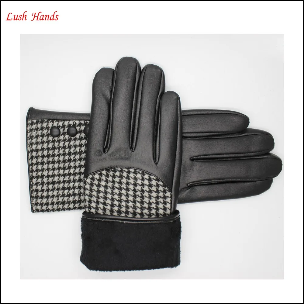 fashion and cheap women's PU leather and houndstooth fabric joined glove with button