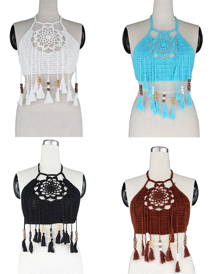 Hot sale high quality Australian fashion GIRL SEXY beachwear handmade tassel halter swimsuit tops crochet women bikini