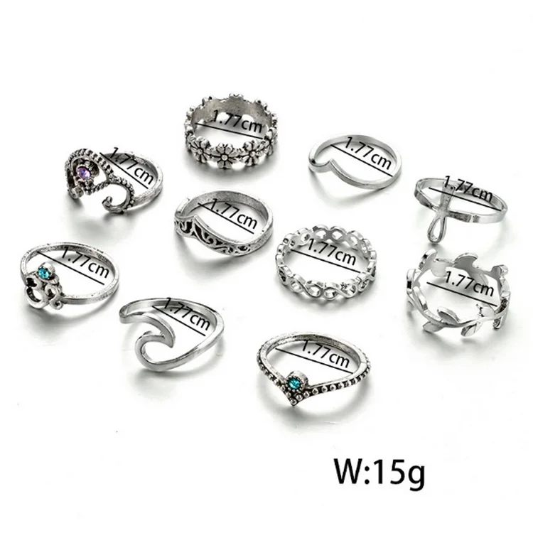 Fashion 10 pcs hollow out crystal V shape flower ring set for women