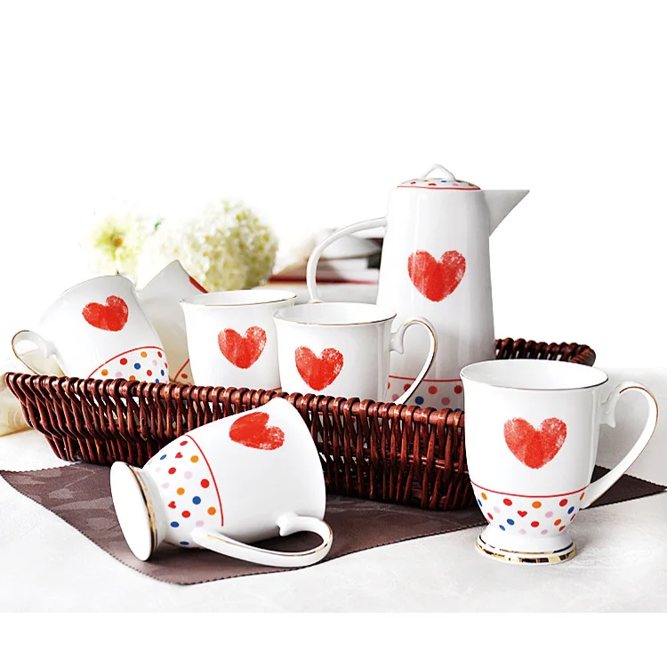 Ceramic Valentine Heart Tea Pot Set 1pcs teapot 6pcs cup and 1pcs saucer