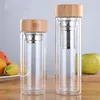 350ML/450ML Bamboo cover Double Wall Glass Bottle with Stainless Steel Filter Glass Water Bottle Glass Drinking Bottle