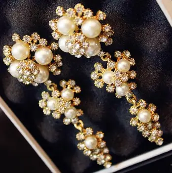 Bridal Pearl Earrings Traditional Gold Crystal Earring Long Bridal Pearl Earrings Traditional Gold Crystal Earring Long Size