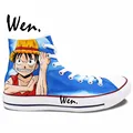 Wen Hand Painted Shoes Hot Anime One Piece Luffy Ace Blue High Top Woman Man s