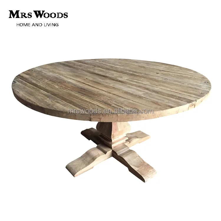 Farmhouse Reclaimed Elm Wood Round Trestle Pedestal Dining Table Farmhouse Reclaimed Elm Wood Round Trestle Pedestal Dining Table