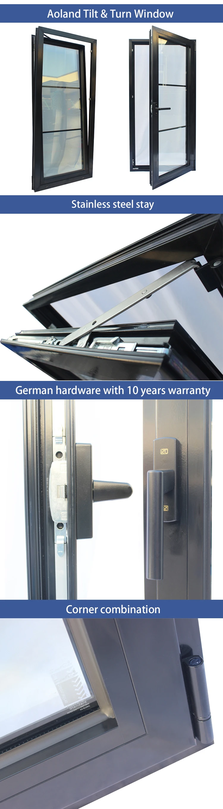 Aluminium tilt and turn door of  double glaze doors with German hardware