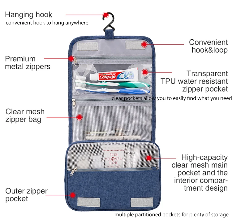 Portable Waterresistant Hanging Travel Toiletry Bag Custom Logo Large