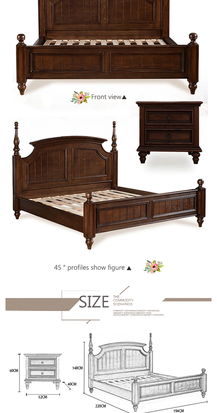 Fashionable North European Style Old Style Wooden Double Bed Frame