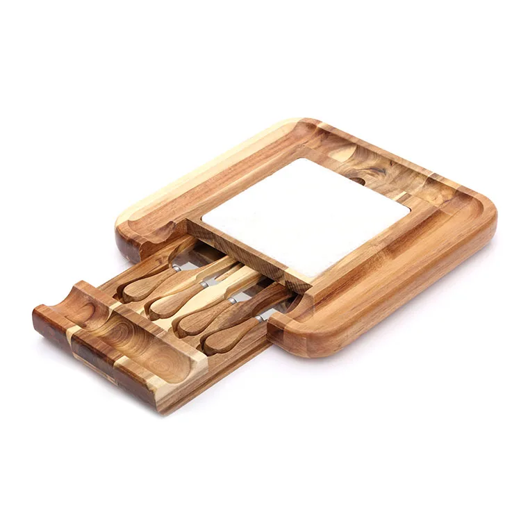 Rectangle Cheese Cutting Board Marble Panel Acacia Wood Plate With
