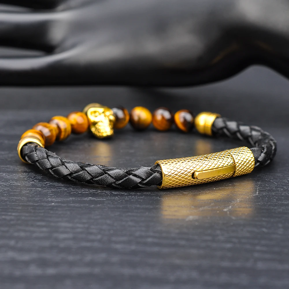 Fashion Tiger Eye Stone Bead Gold Skull Charm Leather Bracelet For Men,Mens Bracelets Skull Jewelry