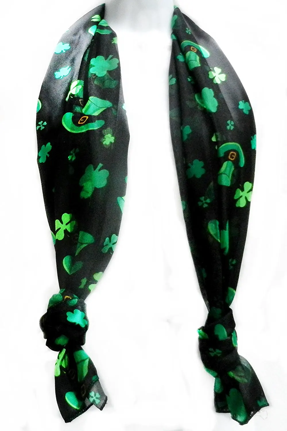 ii... Silk Feel Irish Scarf- Shamrock & Leprechaun Hat St. Patrick Lucky Black