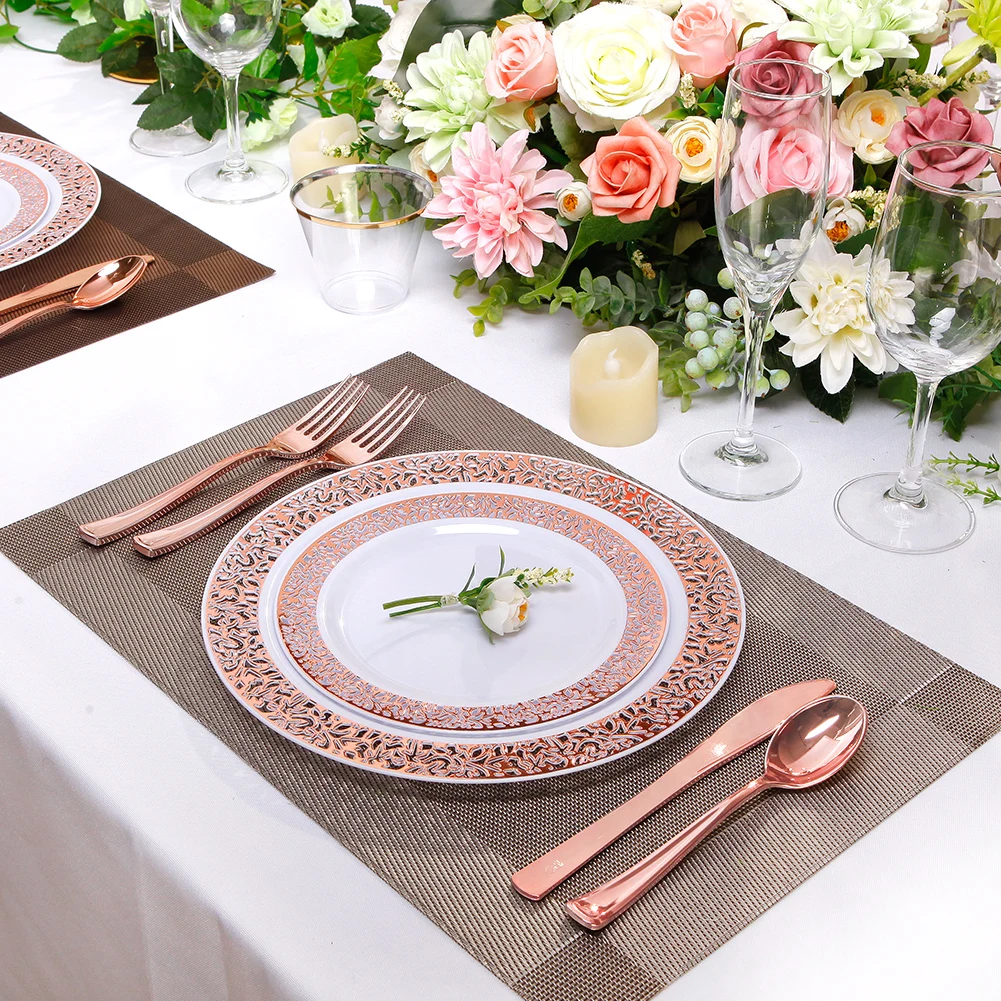 Rose Gold Fancy Disposable Plastic Plates Set Buy Wholesale Lace