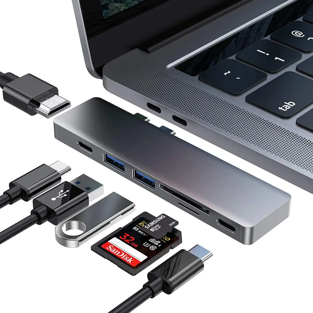 
7 in 1 Aluminum Alloy USB Dual Type C Hub Adapter with HD-MI USB 3.0 SD/TF Card Reader for Macbook Pro 