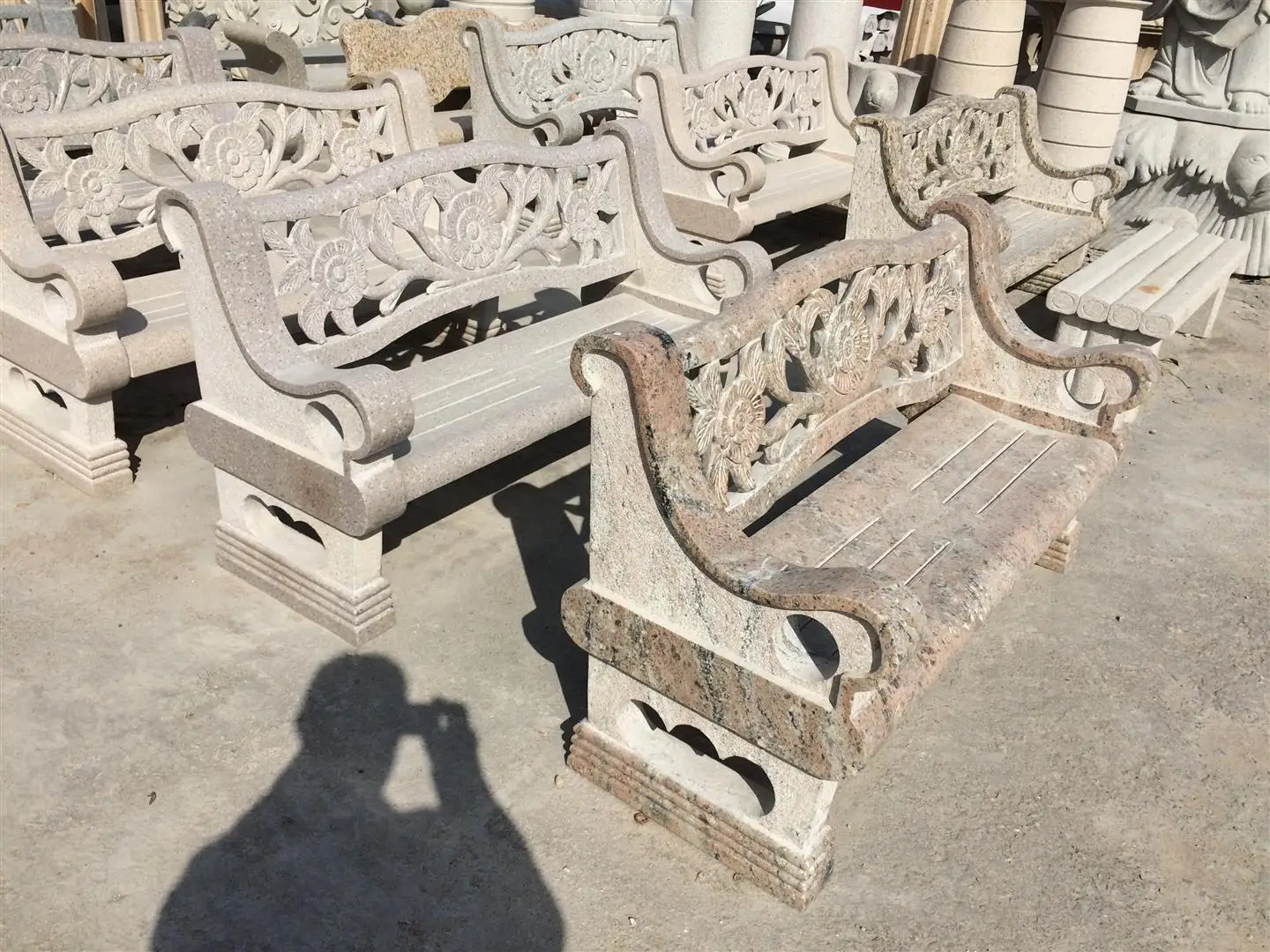 Chinese Style Outdoor Red Granite Garden Decoration with Flower Carving Long Bench With Backrest