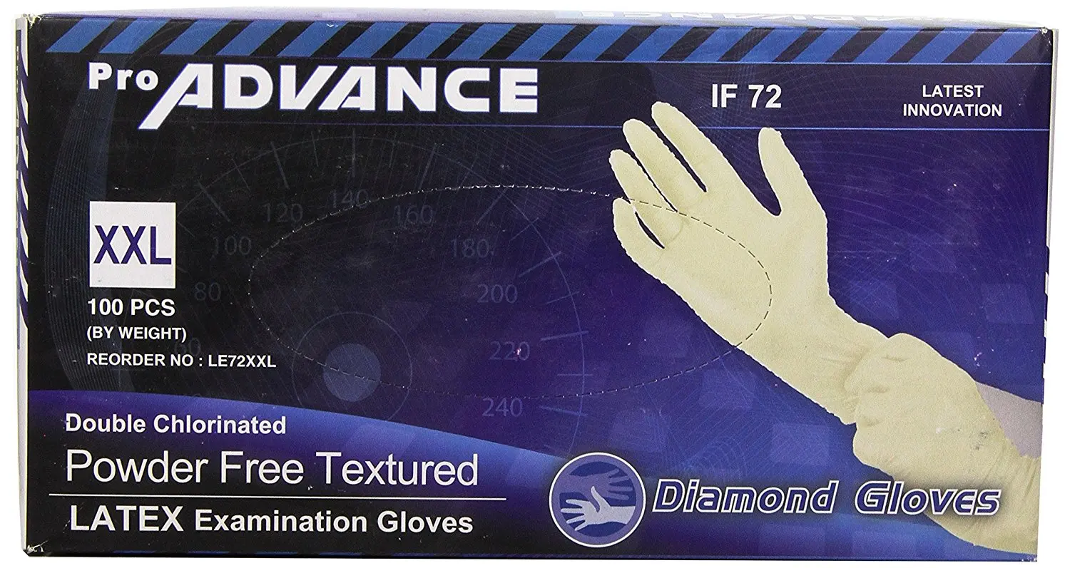 Pro Diamond Gloves Advance Double Chlorinated Powder-Free Textured Latex Examination Gloves, Heavy Duty, XXL, 100 Count