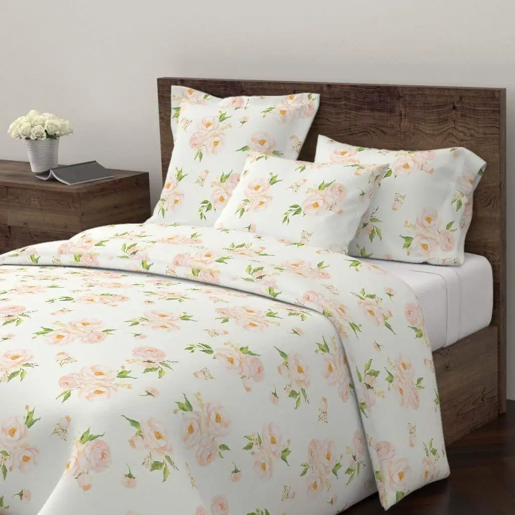 Roostery Watercolor Duvet Cover Floral Peach Pink Cream Baby Girl by Willowlanetextiles 100% Cotton King Duvet Cover