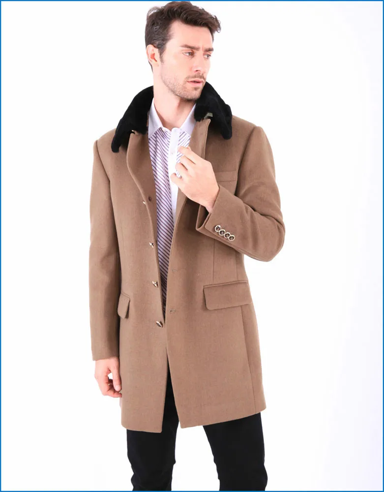 Fashion Style Camel Men's Wool Cashmere Overcoat With Fur Collar - Buy ...