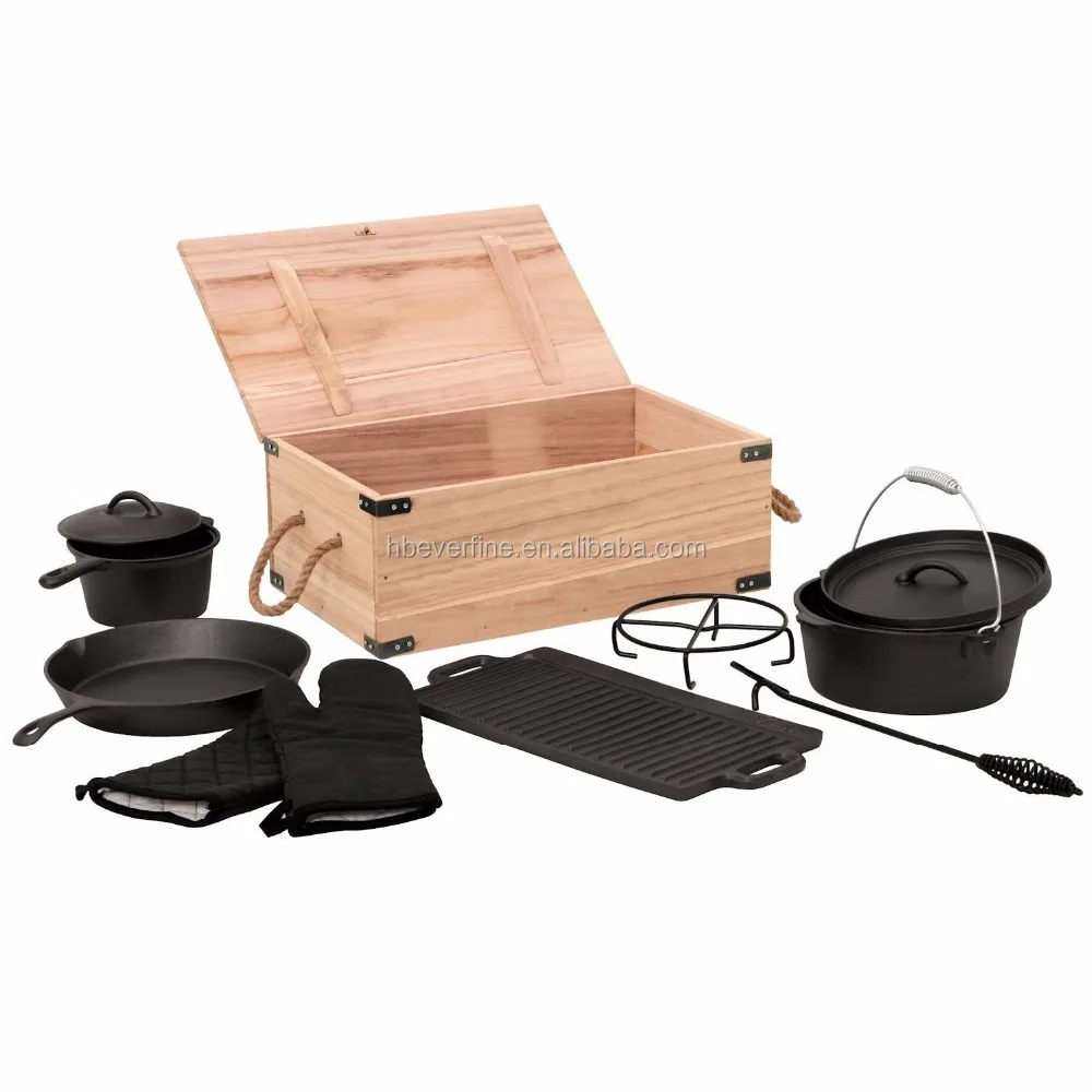 Cast Iron Camping Cookware Set 7pcs In Wood Box Buy Cast Iron Camping Cookware Setwood Box