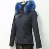 Myfur Navy Color Mini Parka with Customized Fur Lining And Fur Hooded Collar