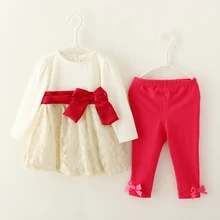 Moda roupas de menina 2 PC rendas roupas terno, Meninas Patchwork vestido calça arco princesa crianças infantil roupas de outono