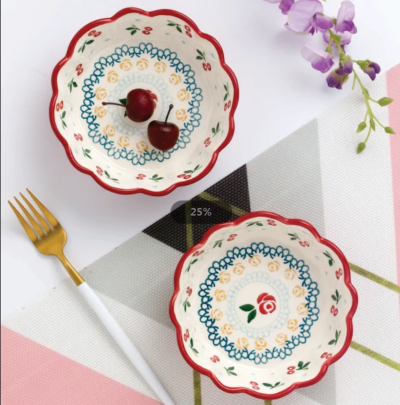 Popular Cherry under glazed porcelain dinner soup bowl dinner set ceramic bowl with flower design dinnerware details