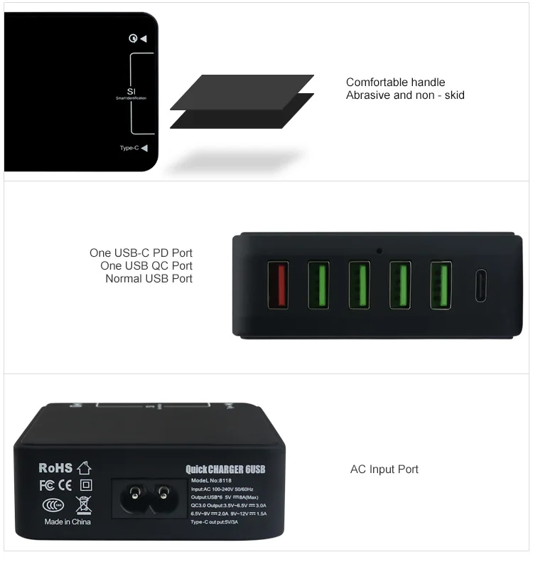 Universal Multi 6 Ports Mobile USB Quick Charger Station with USB C