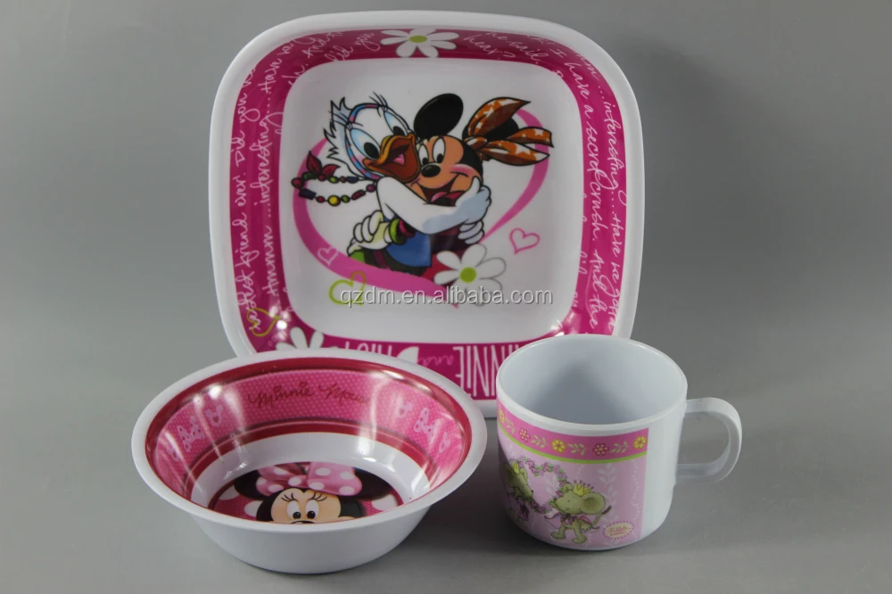 3pc Melamine Dinner Set For Kids/Square Plate,Bowl,Cup