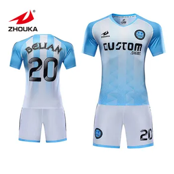 Cheap Plain Uniforms Sublimated Sky Blue White Tops And Shorts Wholesale Soccer Jersey Set 