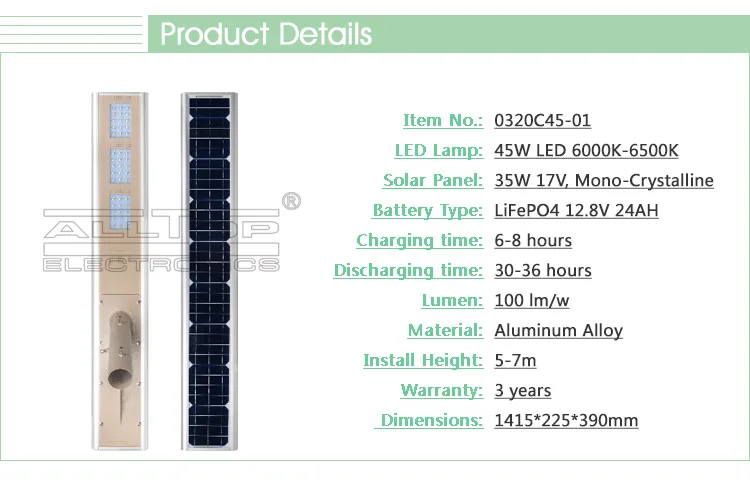 45 watt high lumen bridgelux outdoor ip65 solar led street light