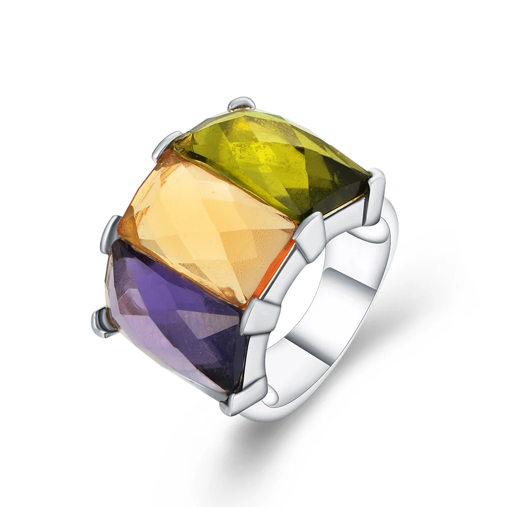 Anillo De Plata 925 Anello Bague Tricolore Multi Big Color Stone Gold Purple Green Designs Ring For Female