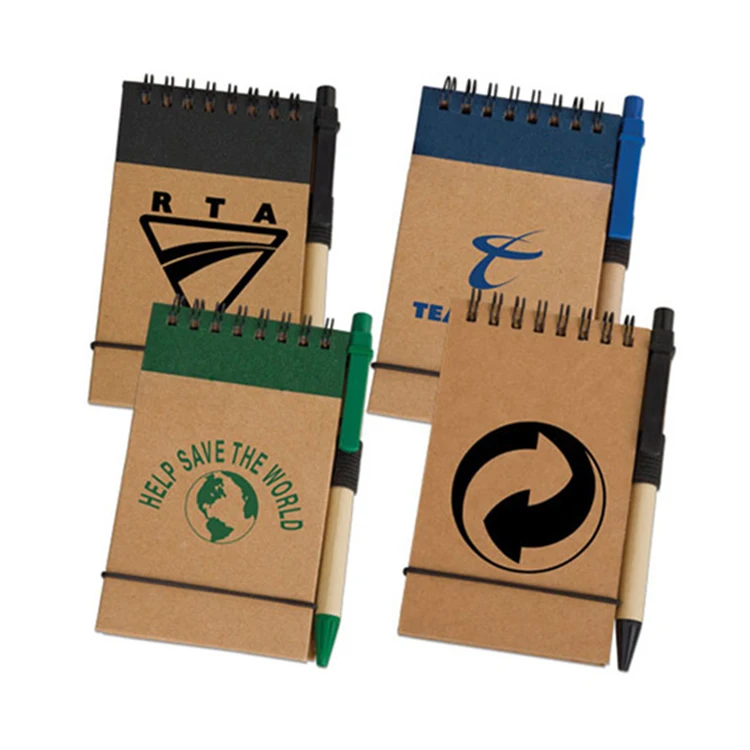 Ecofriendly Spiral Small Recycled Brown Kraft Paper Notebook With Pen