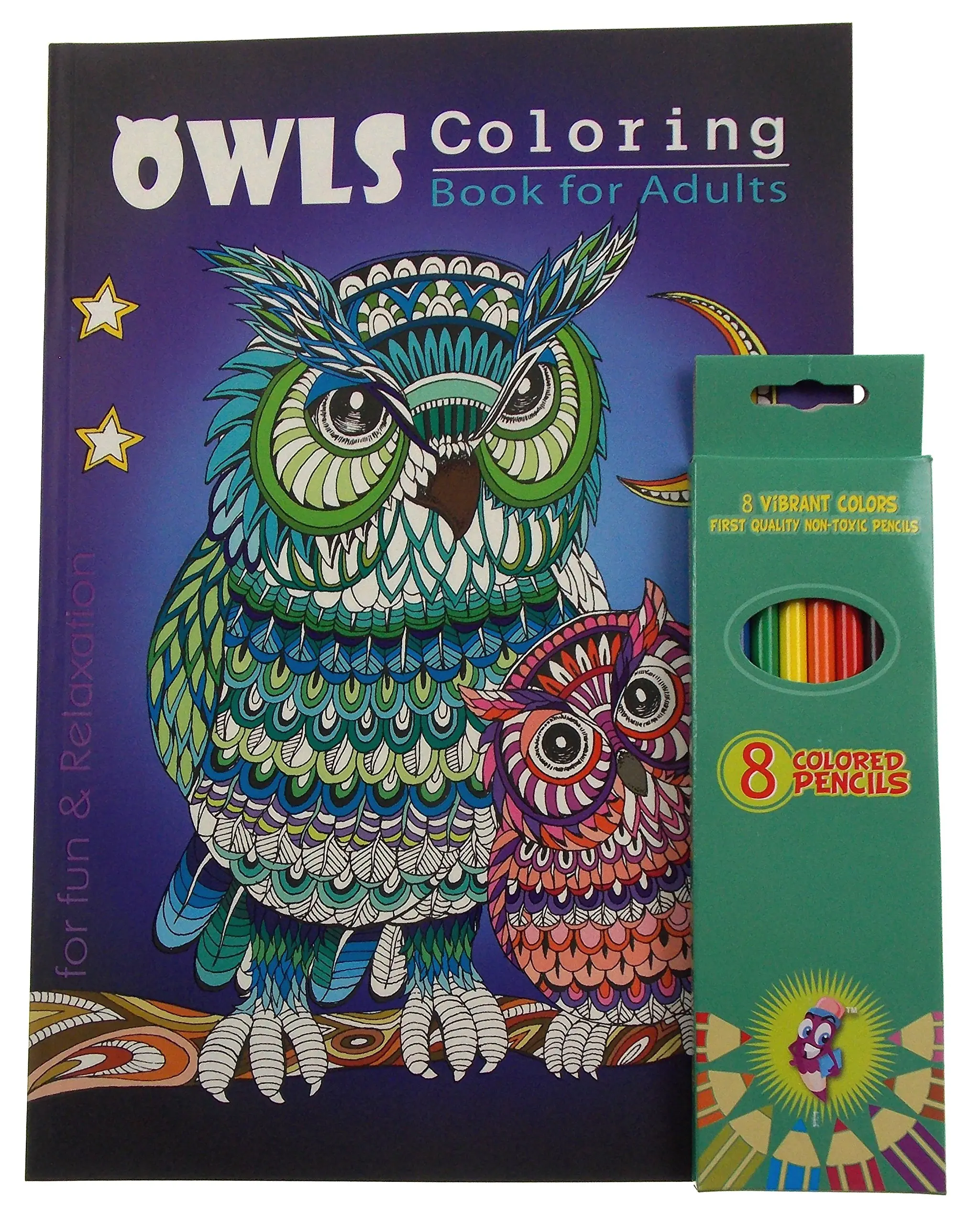 Hickoryville Owls Theme Adult and Teen Coloring Book Bundled With Vibrant Colored Pencils