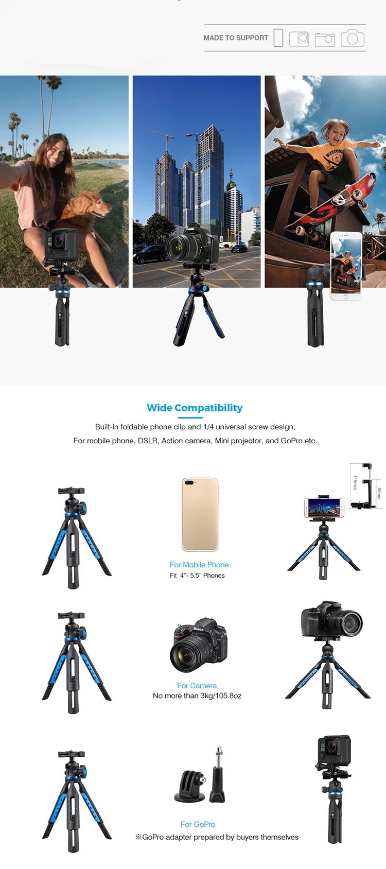 Mini Flexible Tripod Durable Retractable for Mobile Phone DSLR Camera -  Apexel