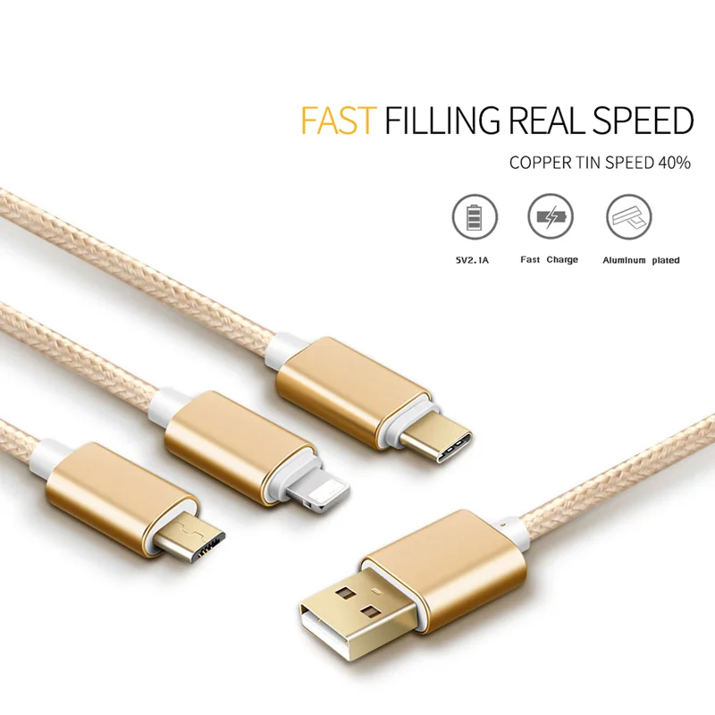 3 IN 1 Gold Colour Nylon Braided USB Charging Cable for Phones from XYZ-link - ANKUX.COM