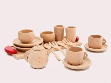 Vintage Natural Color Wooden Kids Pretend Play Toy Tea Set  