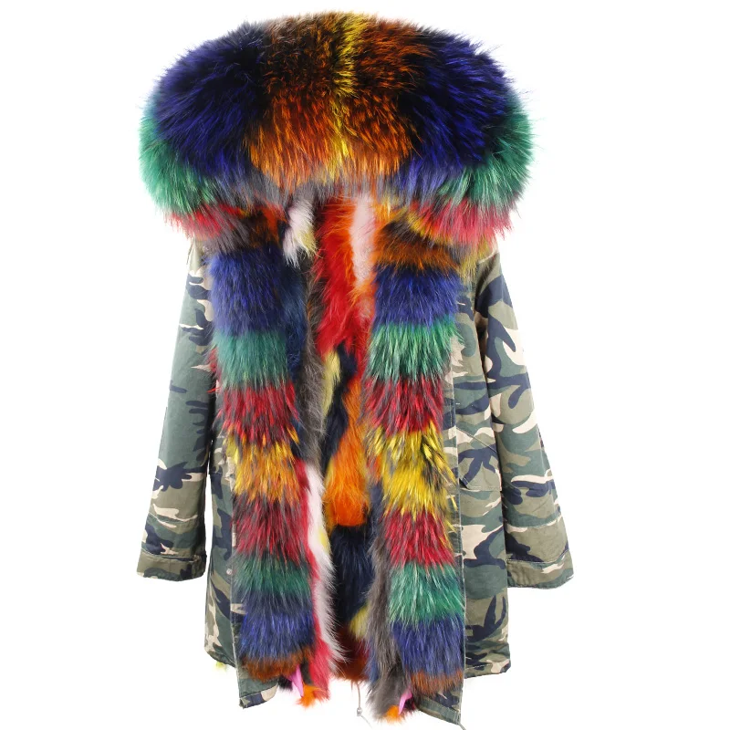2018 Women Winter Multi Color Real Raccoon Fur Lined Parka Big Fur Collar Hooded Trim Parka