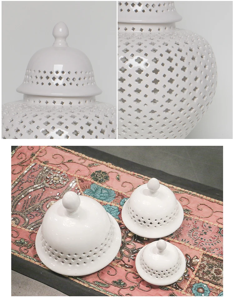 Wholesale Modern White Ceramic Hollow Out Temple Jars Porcelain