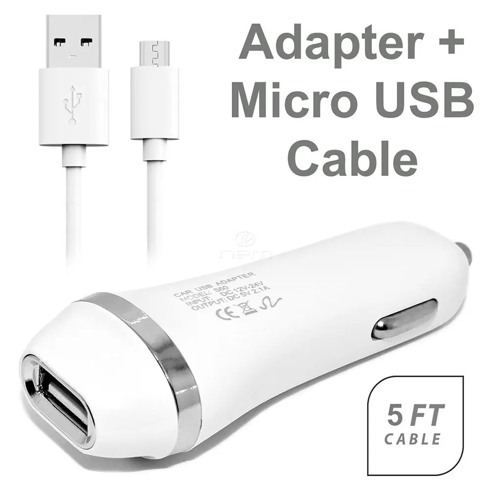 For Plum Phantom White Accessory Kit Rapid 2.1 A Car Charger Adapter & 5 Feet Fast Micro USB Data Sync and Charging Cable