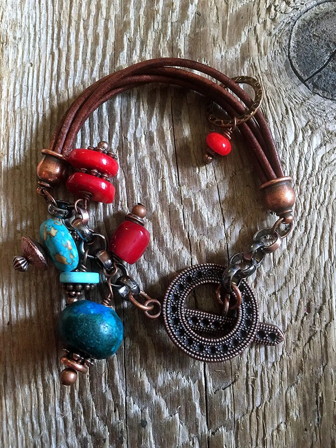 Boho Turquoise Bracelet/02 Mixed Media of Turquoise, Copper, Red Coral and Natural Hand Tanned Leather with an Antique Copper Large Toggle Clasp.