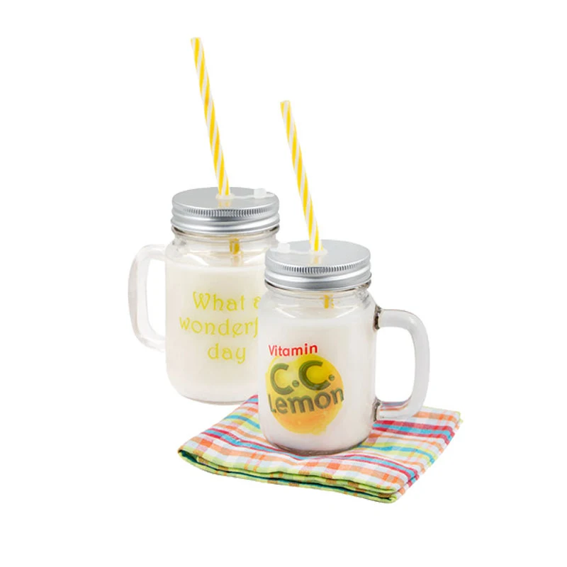 Mason Blank Sublimation Frosted glass Jar Mugs 430ml with glass handles and straw drinking heat dye transfer 4 pieces