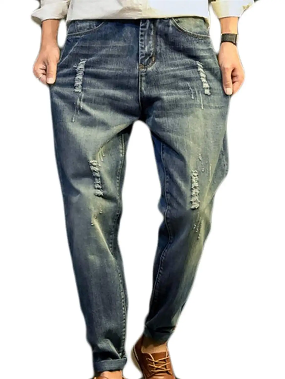 Wofupowga Men Drawstring Solid Color Elastic Waist Work Straight Trousers Pants