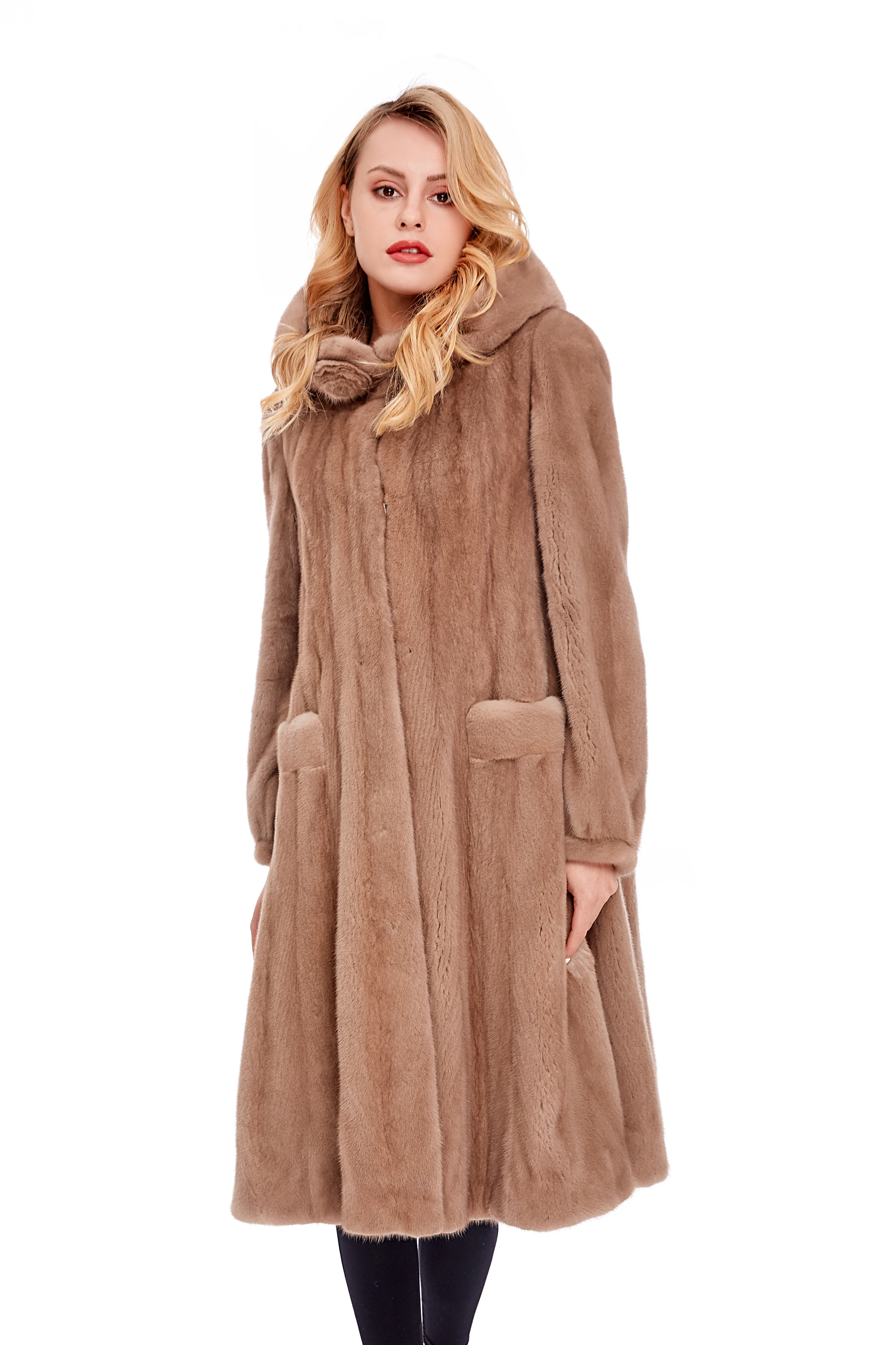 luxurious womens real mink fur long coat natural mink fur