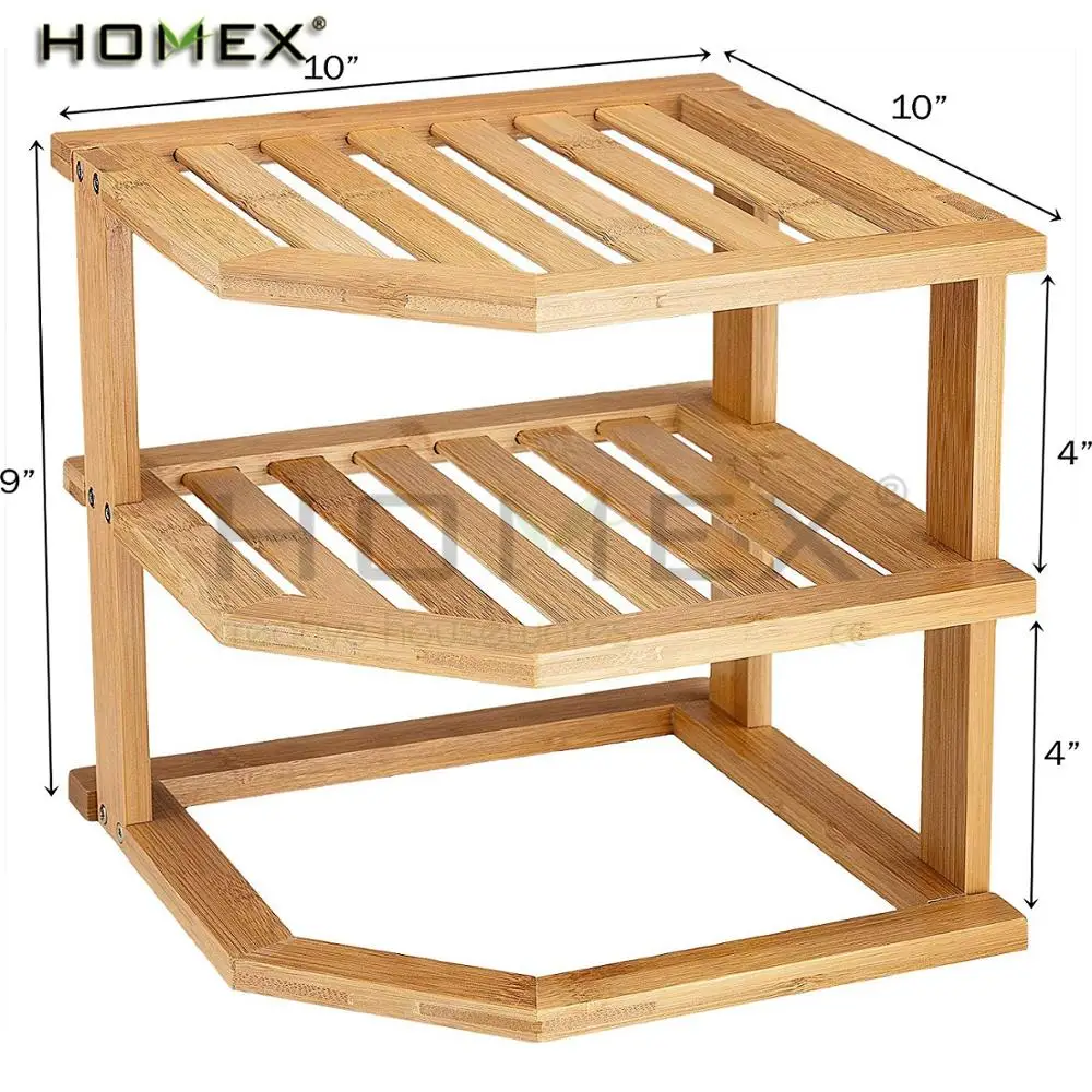 3 Tier Bamboo Corner Shelf Plate Rack Organizer For