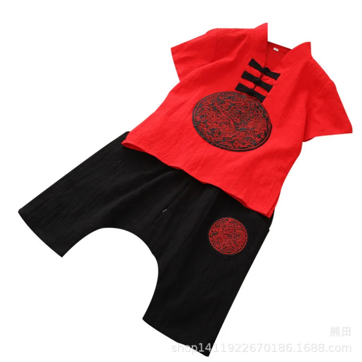 
children tang suit summer short sleeve cotton and linen kids boys clothing Chinese style two-piece children boutique clothes 
