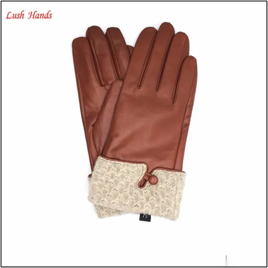 cashmere warm cuff brown leather gloves nappa ladies leather gloves