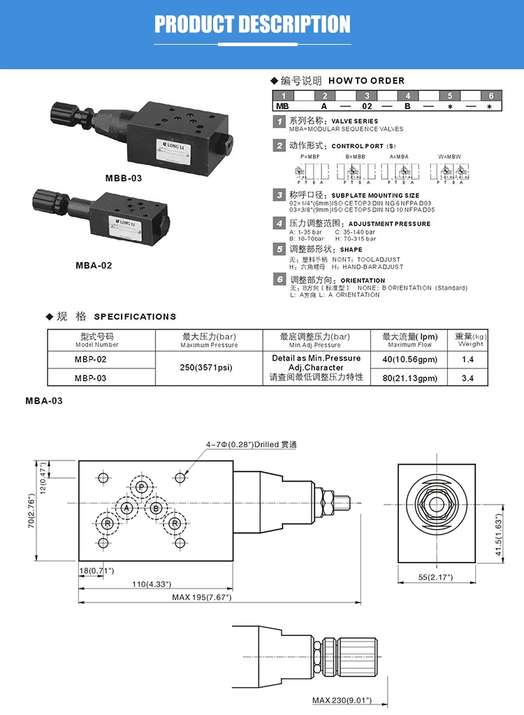 MBA-03 Yuken type hydraulic pressure control stacked relief valve