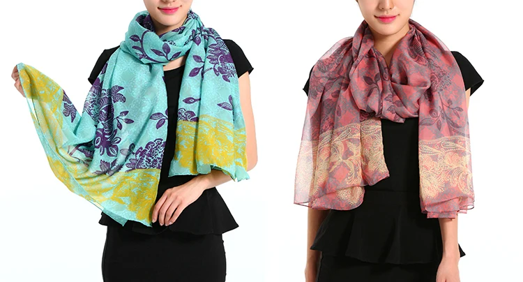 FLOWERS SILK SCARF LONG SHAWL CHIFFON 100% SILK