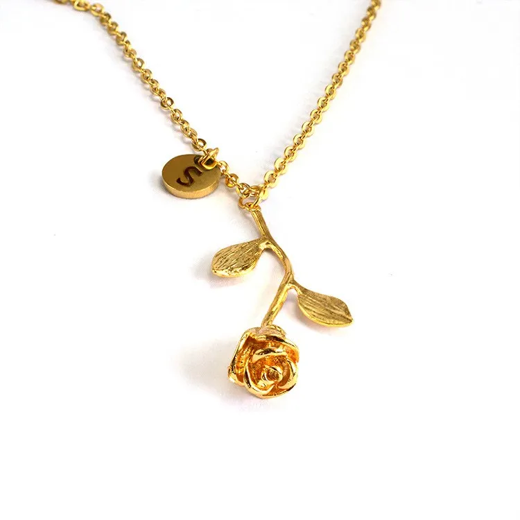 Valentine S Day Gift For Love Beauty And The Beast Rose Flower Necklace Gold Initial Charm Letter Necklace For Moms Buy Rose Flower Necklace For Mother S Day Rose Necklace Mom Necklace Gold Initial Letter