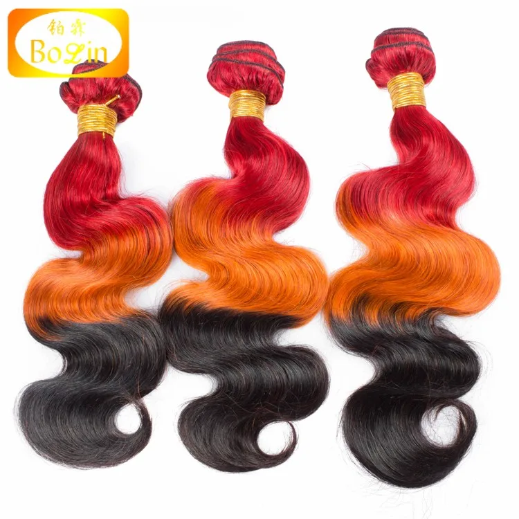 New Ombre Red Orange Black Brazilian Virgin Hair Three Tone Ombre