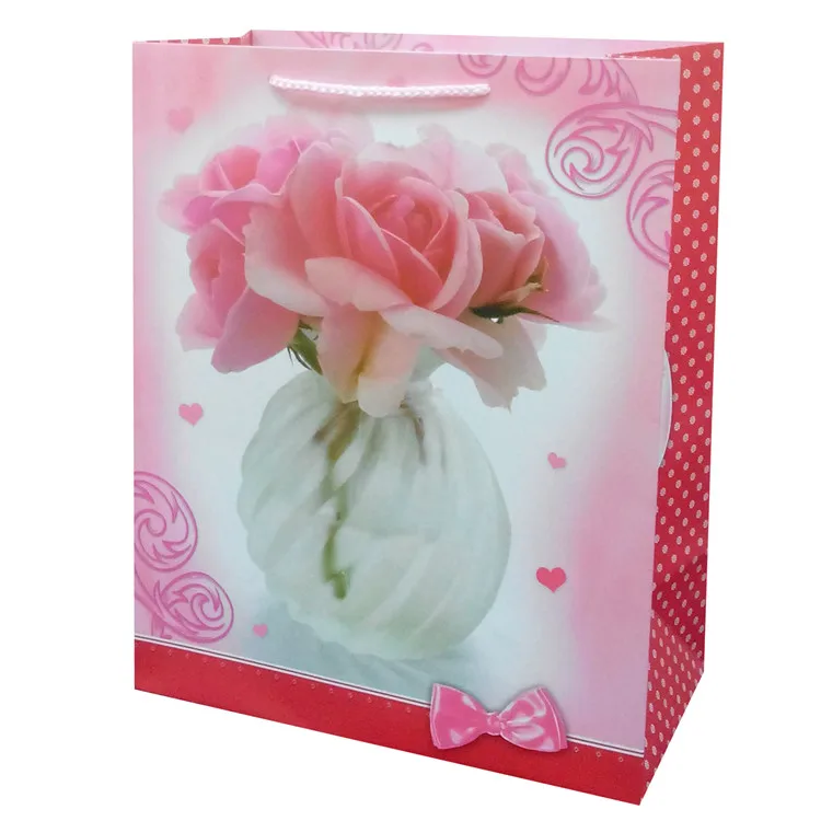 New Products Printing Flower Bowknot Pink Kraft Paper Bag With Logo Print